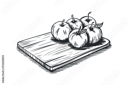 Five Apples on Wooden Cutting Board Sketch. Vector hand drawn illustration