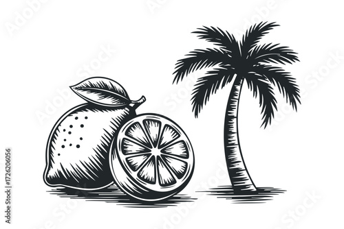 Whole and sliced lemon with palm tree. Vector hand drawn illustration
