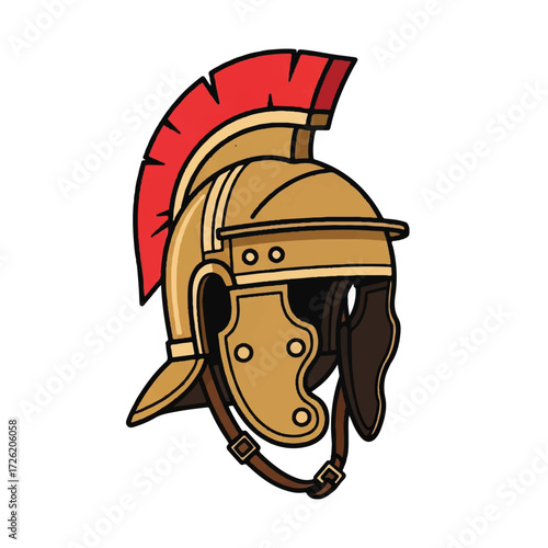 Illustration of a gold ancient Greek warrior helmet with a red crest on a white background.