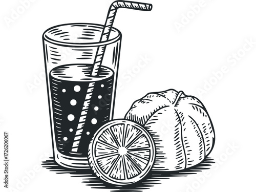 Glass of Juice with Citrus Fruit Halves. Vector hand drawn illustration