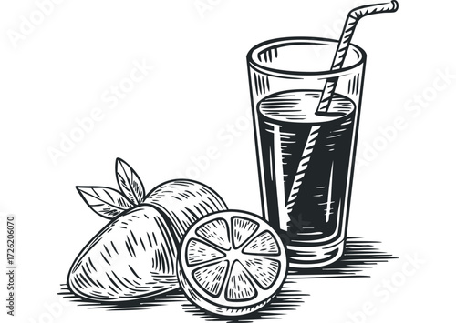 Glass of juice with whole and sliced citrus fruit. Vector hand drawn illustration