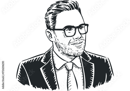 Sketch portrait of man in suit and glasses. Vector hand drawn illustration
