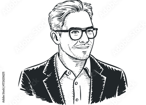 Sketch portrait of a man with glasses and suit. Vector hand drawn illustration