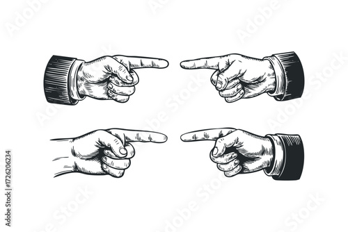 Four hands pointing fingers at each other. Vector hand drawn illustration