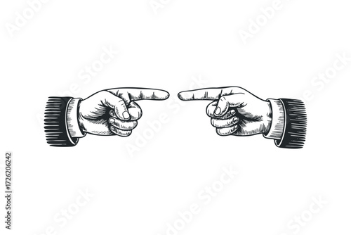 Two hands pointing fingers at each other in a sketched style. Vector hand drawn illustration