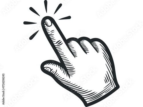 Finger pointer touching screen with radiating effect. Vector hand drawn illustration
