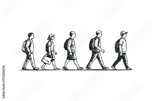 Group of diverse people walking together with backpacks. Vector hand drawn illustration