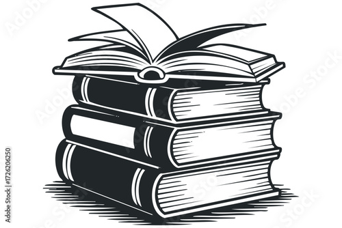 Stack of open and closed books. Vector hand drawn illustration