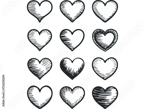 Collection of Twelve Hand Drawn Heart Symbols. Vector hand drawn illustration