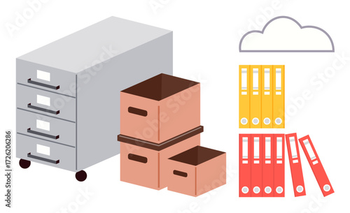 Filing cabinet, cardboard boxes, colorful binders, and a cloud outline represent physical and digital storage. Ideal for management, organization, archiving, workflow, minimalism technology simple