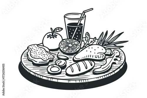 Black and White Sketch of Healthy Food and Drink Arrangement. Vector hand drawn illustration