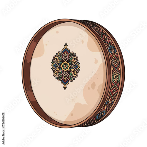 Digital illustration of an ornate, oval-shaped decorative plate with a colorful mandala design on a white background.