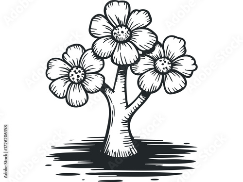 Simple three flower cluster outline. Vector hand drawn illustration