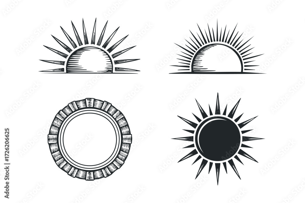 Fototapeta premium Stylized sun emblems and circular cog graphics. Vector hand drawn illustration