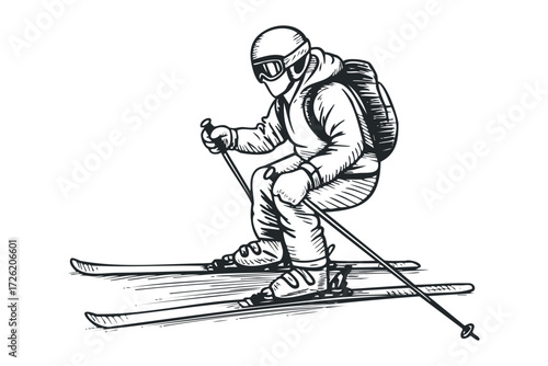 Man skiing downhill with poles and backpack. Vector hand drawn illustration