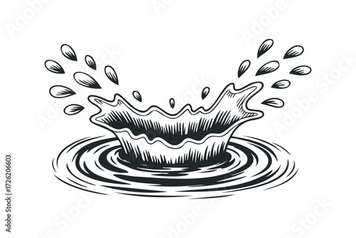 Water splash with droplets and ripples graphic. Vector hand drawn illustration