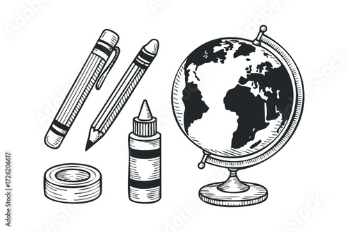 School supplies with globe and writing tools. Vector hand drawn illustration