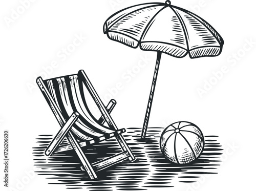 Deckchair beach umbrella and ball sketch. Vector hand drawn illustration