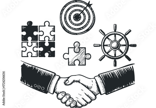 Handshake with puzzle pieces, target, and ship wheel. Vector hand drawn illustration