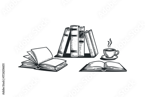 Open and closed books with steaming cup. Vector hand drawn illustration