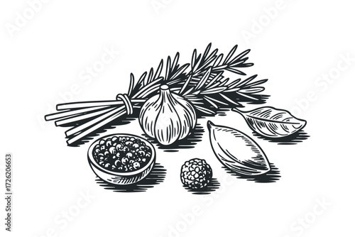 Line art herbs, garlic, and peppercorn in bowl. Vector hand drawn illustration