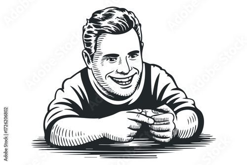 Man with a wide grin gestures with his hands. Vector hand drawn illustration