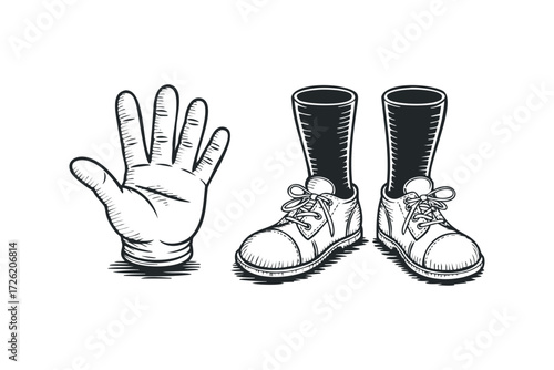 Outstretched hand and laced sneakers on white background. Vector hand drawn illustration