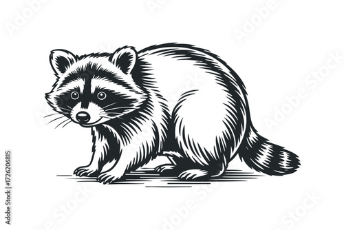 Black and white graphic of a curious raccoon looking sideways. Vector hand drawn illustration