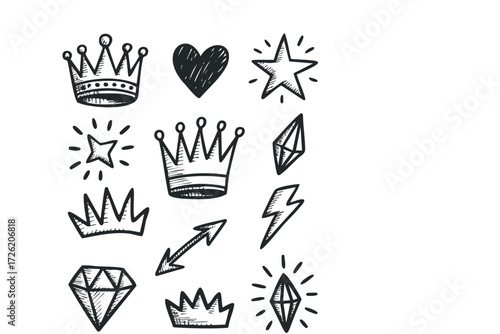 Hand Drawn Collection of Crowns, Stars, Hearts, and Gems. Vector hand drawn illustration