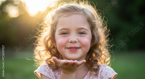 Joyful child blowing kisses outdoor park portrait golden hour playfulness