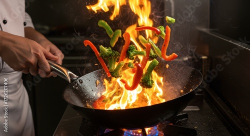 Chef stir frying vegetables in wok with flames