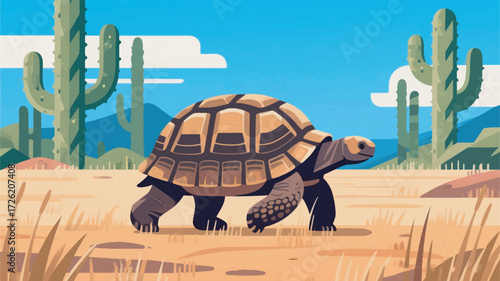 Illustration Of A Giant Galapagos Tortoise Walking Slowly In A Dry Grassland With Tall Cactus In The Background Vector Design Template