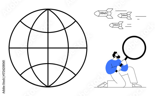 Man with magnifying glass examines cyber attacks symbolized by missiles labeled DDoS targeting global network. Ideal for cybersecurity, network monitoring, threat analysis, cyber defense, IT