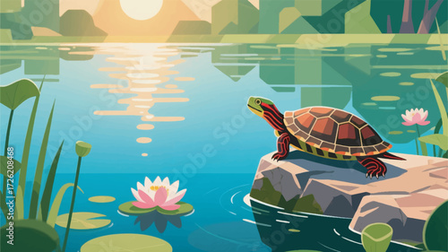 Illustration Of A Sun Turtle Sunbathing On A Rock With Lotus Flowers And Trees Around The Lake Vector Design Template