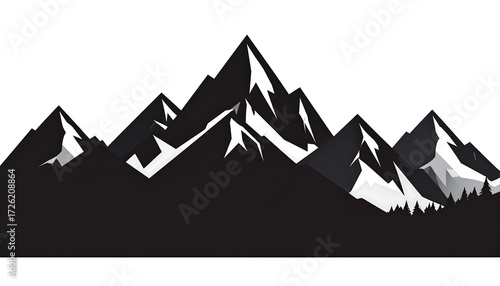 Stylized black and white mountain range silhouette, showing snow-capped peaks and shadowed valleys