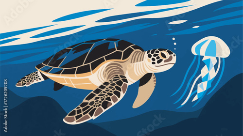 Illustration Of A Turtle Swimming In The Sea With Jellyfish Vector Design Template