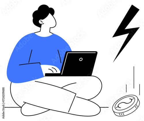 Person seated cross-legged working on a laptop, accompanied by a falling coin and a lightning bolt. Ideal for finance, technology, investment, decision-making, productivity, economy, problem-solving