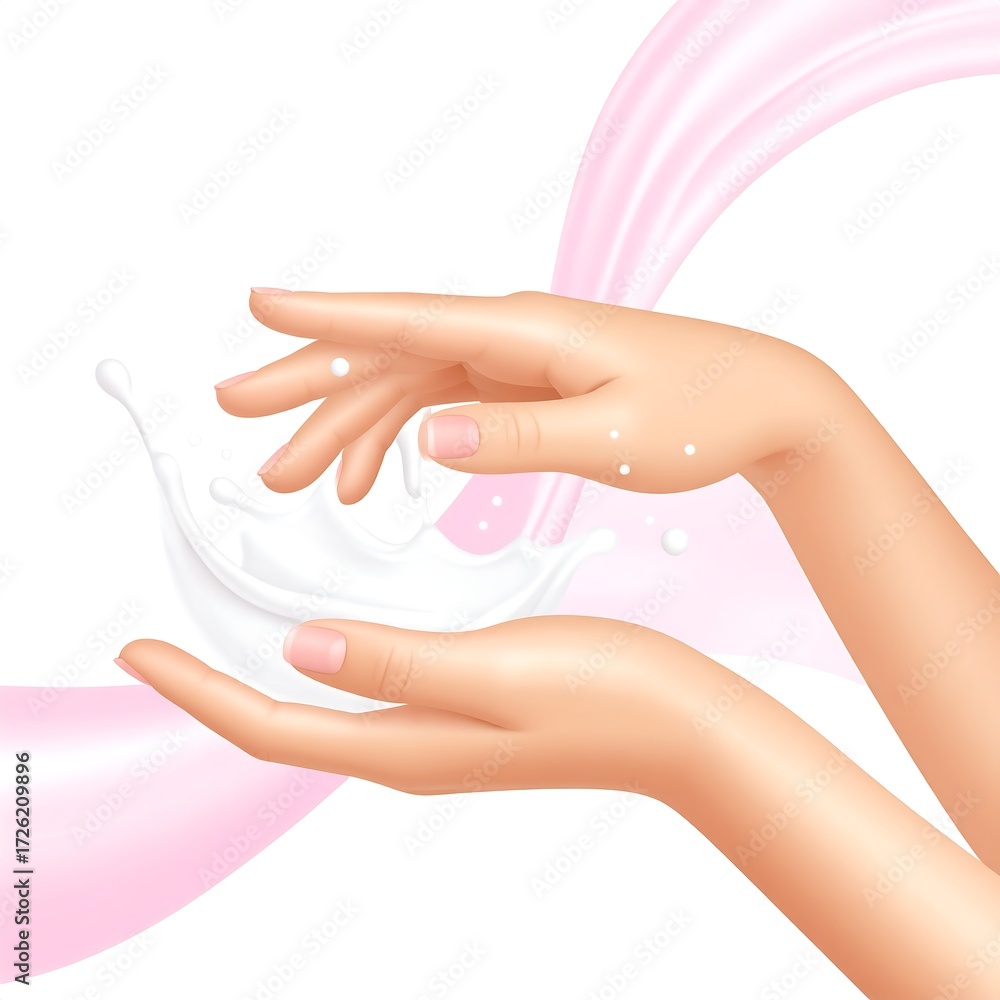Naklejka premium Soft hands cradling a splash of creamy liquid against a pink wave background