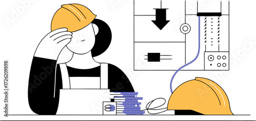 Female Electrician Operating Circuit Panel in Safety Gear – Modern Vector Illustration"