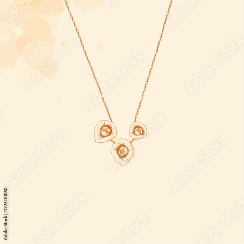 Elegant necklace design with floral motifs in soft golden tones on a light background with copy space
