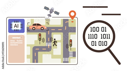 AI chip, car, pedestrian, satellite, magnifier, and binary code illustrate intelligent traffic control. Ideal for smart city solutions, AI applications, transportation data analysis automation