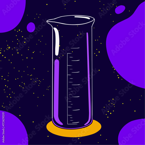 Glass beaker illustration on a dark background with abstract purple shapes and stars.