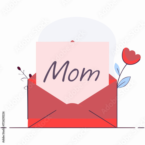 Envelope illustration with a letter addressed to "Mom" and decorative flowers in a simple design.
