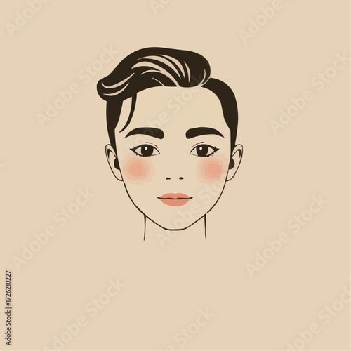 Illustration of a young woman with a short hairstyle and soft makeup on a light beige background.