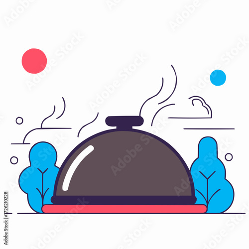 Food cloche illustration with steam on a colorful background featuring stylized plants.