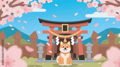 Illustration Of A Shiba Inu Sitting In Front Of A Shinto Shrine With Falling Cherry Blossoms Vector Design Template