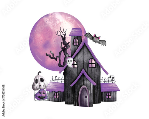 Charming Halloween illustration of a spooky haunted house under a large purple moon with ghosts, a bat, and a pumpkin