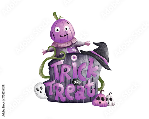 Whimsical Halloween illustration featuring a purple pumpkin scarecrow and a Trick or Treat sign