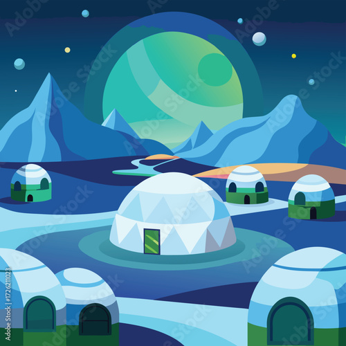 cartoon igloo village under northern lights in arc.eps