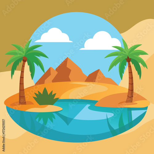 cartoon desert oasis with palm trees and water ref.eps